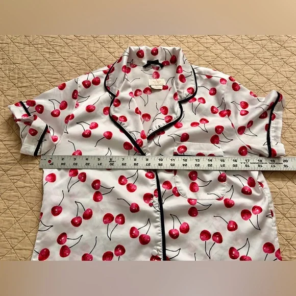 kate spade Cherry Print Satin Feel Pajama Set in Red and White with Black Trim - Picture 4 of 16